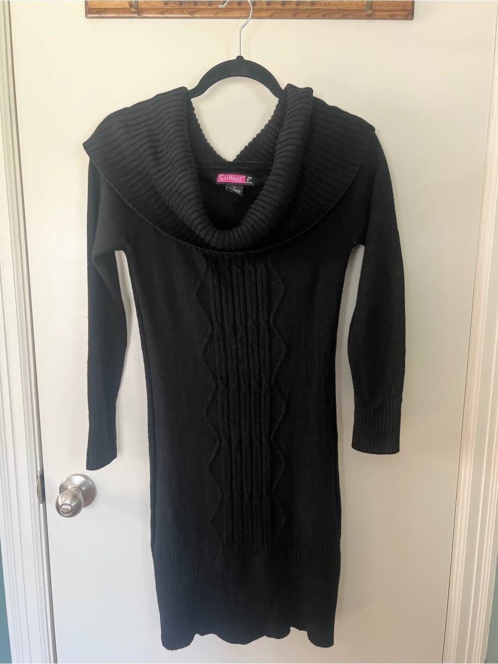 Vintage 90s Say What? Black Cable-Knit Cowl Neck Sweater Dress